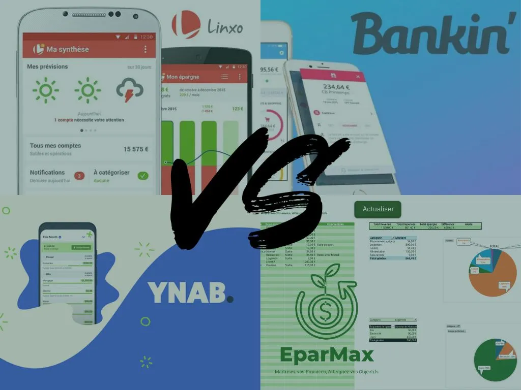 Comparatif visuel des meilleures applications de gestion de budget : Bankin’, Linxo, YNAB et EparMax, pour suivre et optimiser ses finances personnelles.