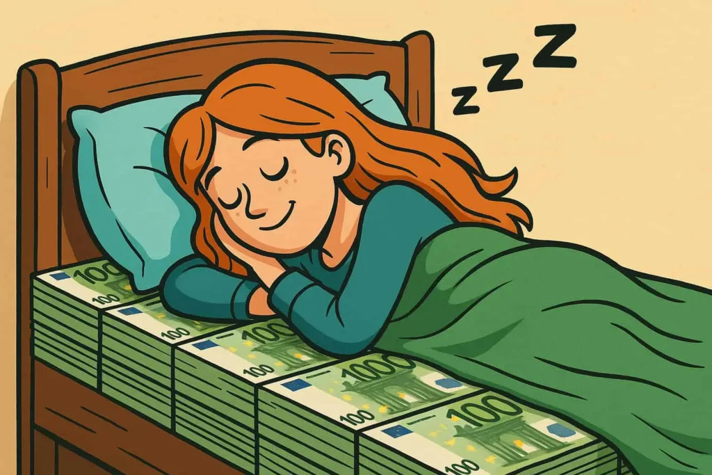 Femme dormant paisiblement sur un matelas de billets symbolisant l’épargne de précaution ou le matelas de sécurité financier