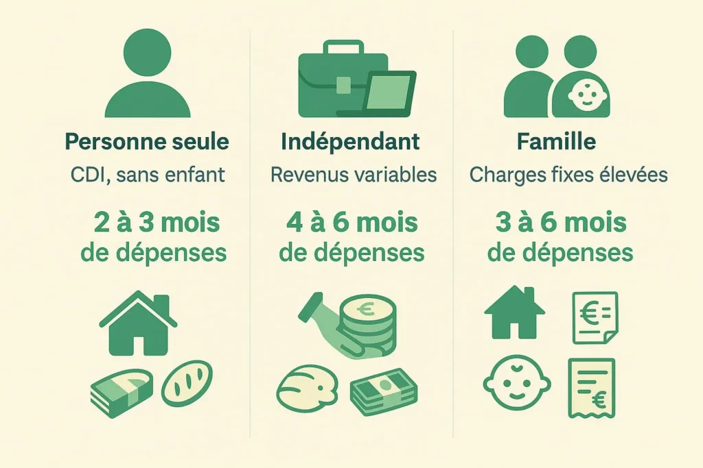 Infographie : quel montant viser pour son épargne de précaution selon sa situation (personne seule, indépendant, famille).