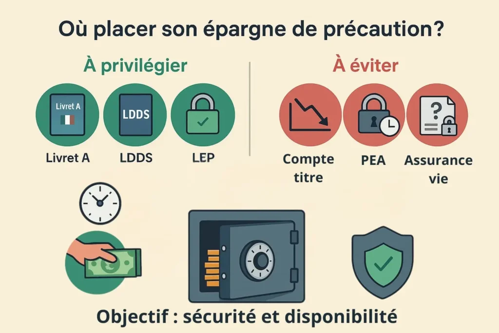 Infographie : où placer son épargne de précaution ? Comparatif des supports à privilégier (Livret A, LDDS, LEP) et à éviter (compte-titres, PEA, assurance-vie).