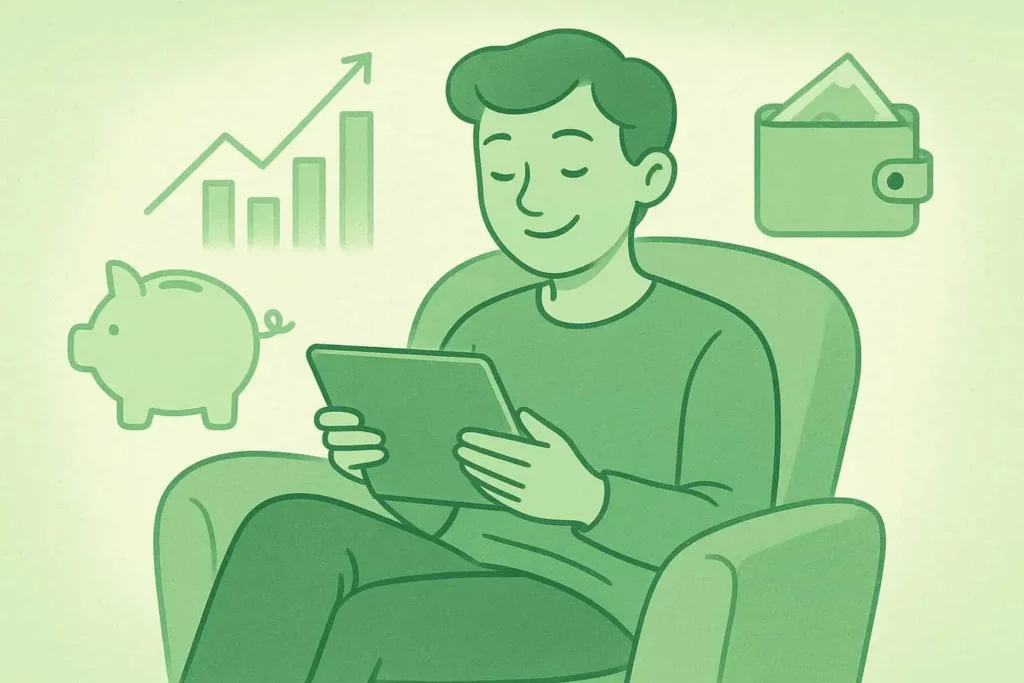 Illustration d'un homme détendu consultant ses finances sur une tablette, entouré de symboles