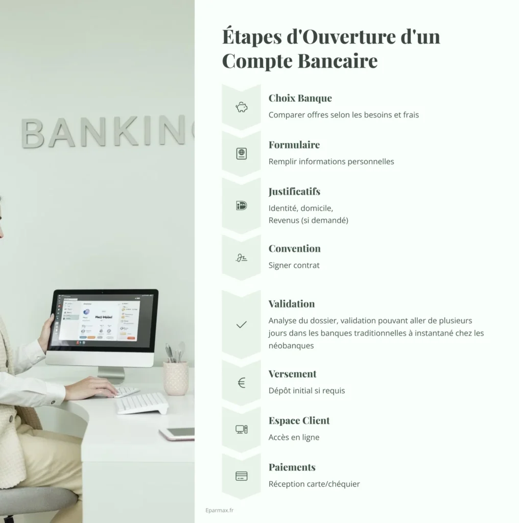 Infographie listant les étapes pour ouvrir un compte bancaire : choix de la banque, formulaire, justificatifs, convention, validation, versement, accès client et moyens de paiement